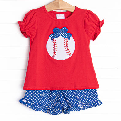 Extra Innings Applique Ruffle Short Set, Red