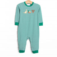  This green striped long sleeve romper with dog, mallard and deer head trio details is a must have. 