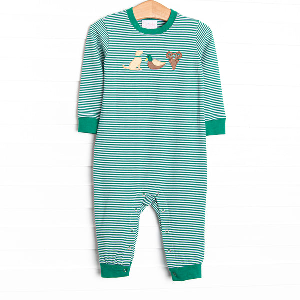  This green striped long sleeve romper with dog, mallard and deer head trio details is a must have. 