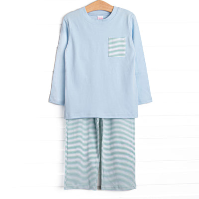 Coleman Pima Long Sleeve Pant Set, Blue and Mint Stripe