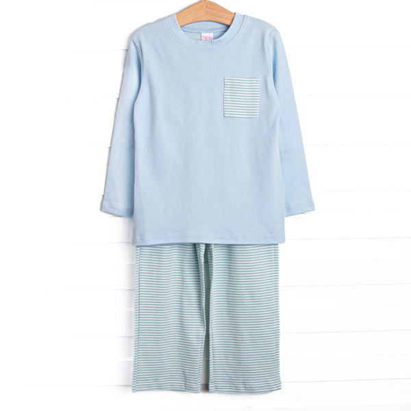 Coleman Pima Long Sleeve Pant Set, Blue and Mint Stripe