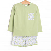 This set features a light green top with a fish print pocket and matching fish print shorts.