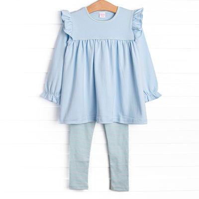 Caitlyn Pima Long Sleeve Legging Set, Blue and Mint Stripe