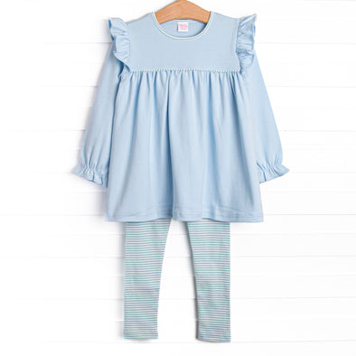 Caitlyn Pima Long Sleeve Legging Set, Blue and Mint Stripe