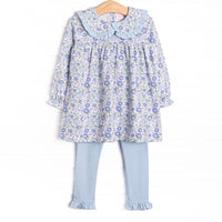  A long sleeve top in a blue floral print with ruffle peter pan collar and coordinating blue leggings to match. 