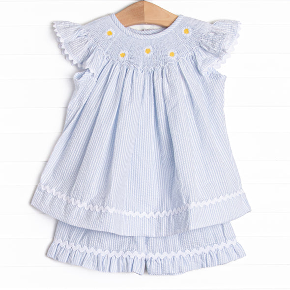 Daisies Go By Smocked Ruffle Short Set, Blue