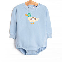 This bubble features a light blue sweatshirt material, snaps on the stride, and a mallard applique.