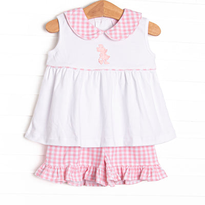 This set features a sleeveless top with gingham collar and a mouse embroidery. Coordinating pink gingham ruffle shorts to match.