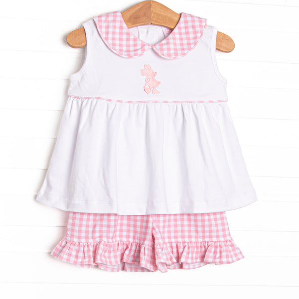 This set features a sleeveless top with gingham collar and a mouse embroidery. Coordinating pink gingham ruffle shorts to match.