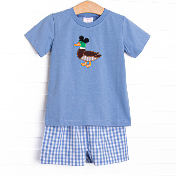 This set features a blue short sleeve top with a mallard applique and blue gingham shorts to match.