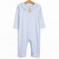This precious romper features blue stripes, a pumpkin embroidery, and the softest Pima cotton.