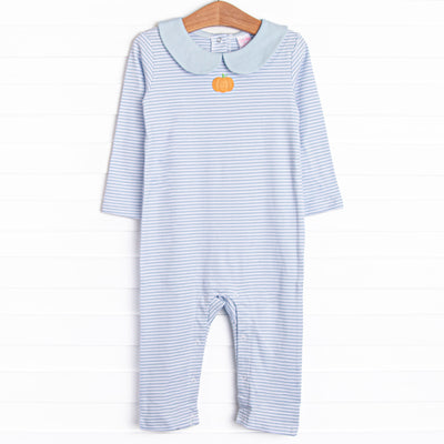 This precious romper features blue stripes, a pumpkin embroidery, and the softest Pima cotton.