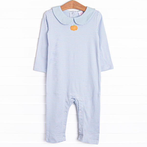 This precious romper features blue stripes, a pumpkin embroidery, and the softest Pima cotton.