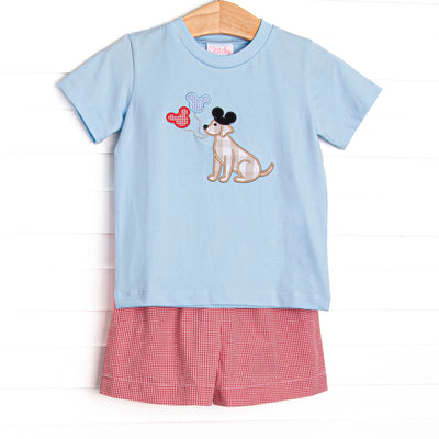  This set features a blue short sleeve top with a puppy with balloons appliques. Coordinating red gingham ruffle shorts to match. 