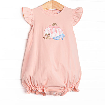  This bubble features a pink knit material, flutter sleeves, and a pumpkin carriage applique. 