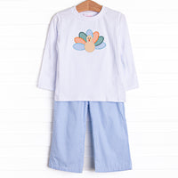 Turkey Blessings Applique Pant Set, Blue