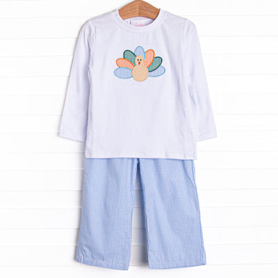 Turkey Blessings Applique Pant Set, Blue