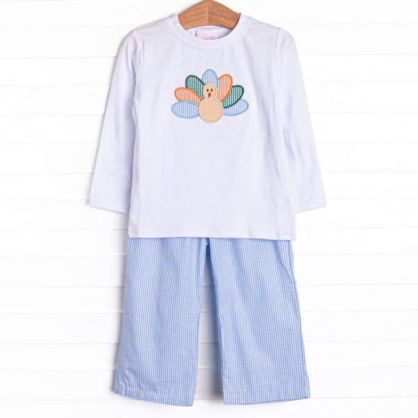 Turkey Blessings Applique Pant Set, Blue