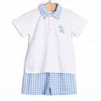 This set features a polo top with gingham collar and a mouse embroidery. Coordinating blue gingham shorts to match.