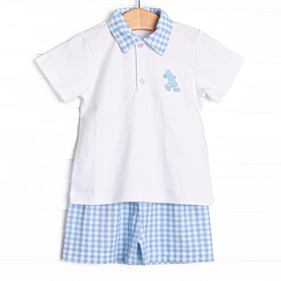 This set features a polo top with gingham collar and a mouse embroidery. Coordinating blue gingham shorts to match.
