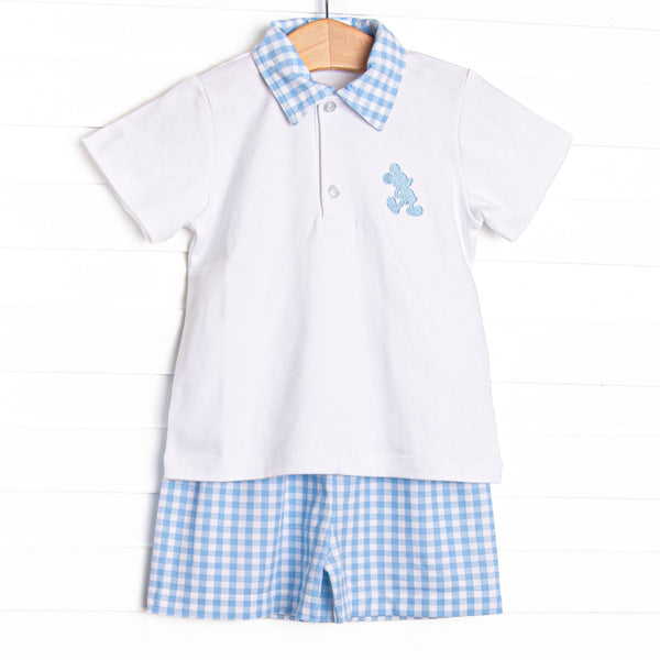 This set features a polo top with gingham collar and a mouse embroidery. Coordinating blue gingham shorts to match.