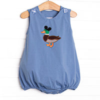 This bubble features a blue knit material, gingham buttons, and a mallard applique.