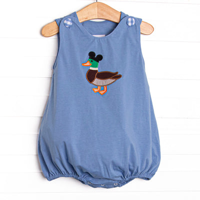 This bubble features a blue knit material, gingham buttons, and a mallard applique.