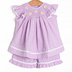 Daisies Go By Smocked Ruffle Short Set, Lavender
