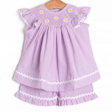 Daisies Go By Smocked Ruffle Short Set, Lavender
