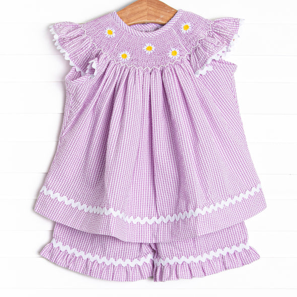 Daisies Go By Smocked Ruffle Short Set, Lavender