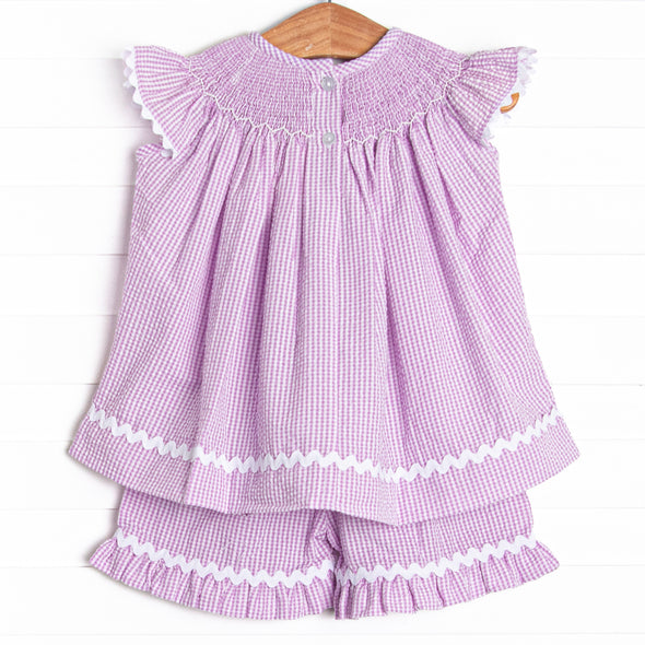 Daisies Go By Smocked Ruffle Short Set, Lavender