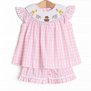 Noah's Ark Smocked Ruffle Short Set, Pink