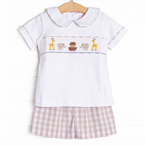 Noah's Ark Smocked Short Set, Tan