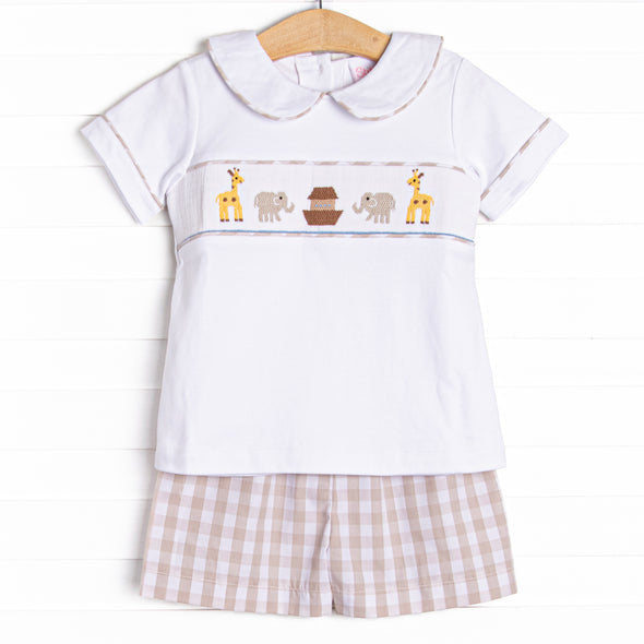 Noah's Ark Smocked Short Set, Tan