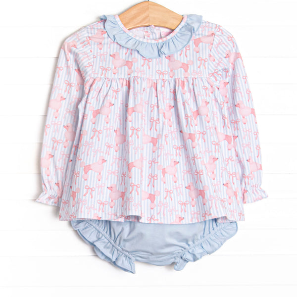  This set features blue striped fabric, a pink poodle print, and a blue ruffle collar. Coordinating blue diaper cover to match. 