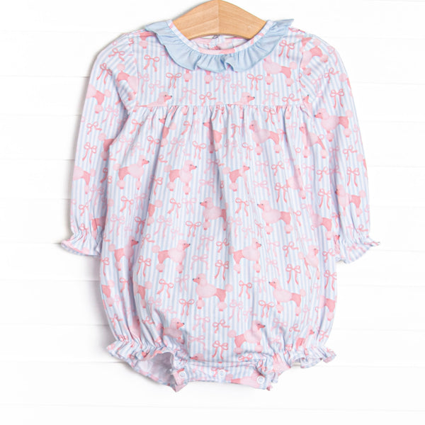 This bubble features blue striped fabric, a pink poodle print, and a blue ruffle collar.