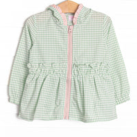  This coat features a green gingham, pink ruffles, and a cozy hood. 