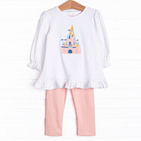 This set features long sleeves, coordinating pink leggings, and a magical castle applique. 