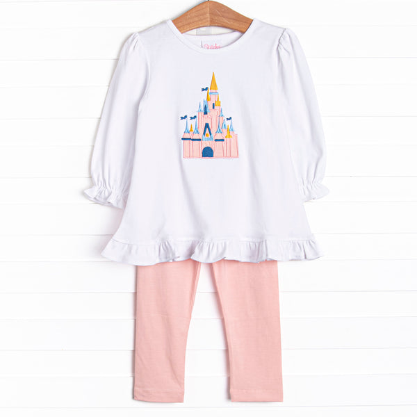 This set features long sleeves, coordinating pink leggings, and a magical castle applique. 