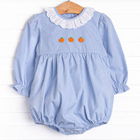  This bubble features a blue gingham print, eyelet lace ruffle collar, and pumpkin embroideries. 