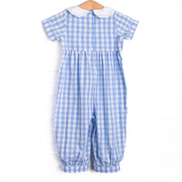 Fun at the Farm Smocked Romper, Blue Check