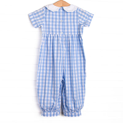 Fun at the Farm Smocked Romper, Blue Check