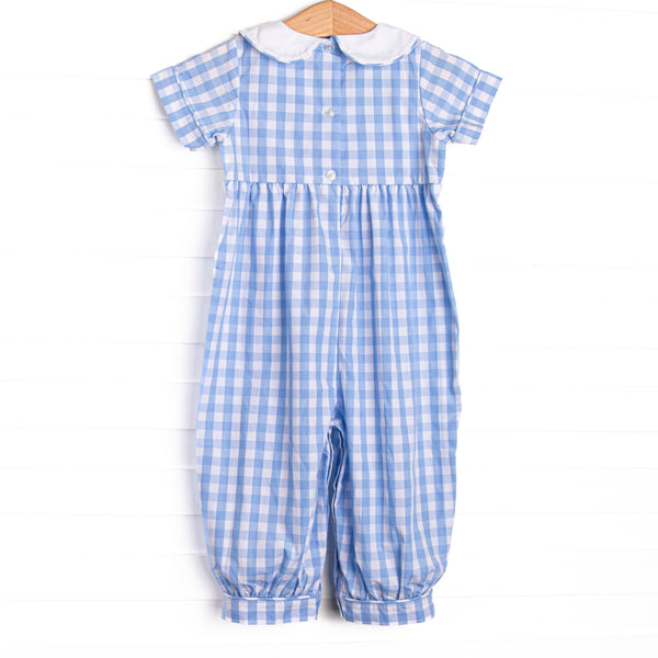 Fun at the Farm Smocked Romper, Blue Check