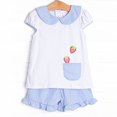 Berry Good Time Applique Ruffle Short Set, Blue