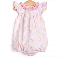 This bubble features a dog printed pink knit fabric, a hot pink ruffle collar, and flutter sleeves.