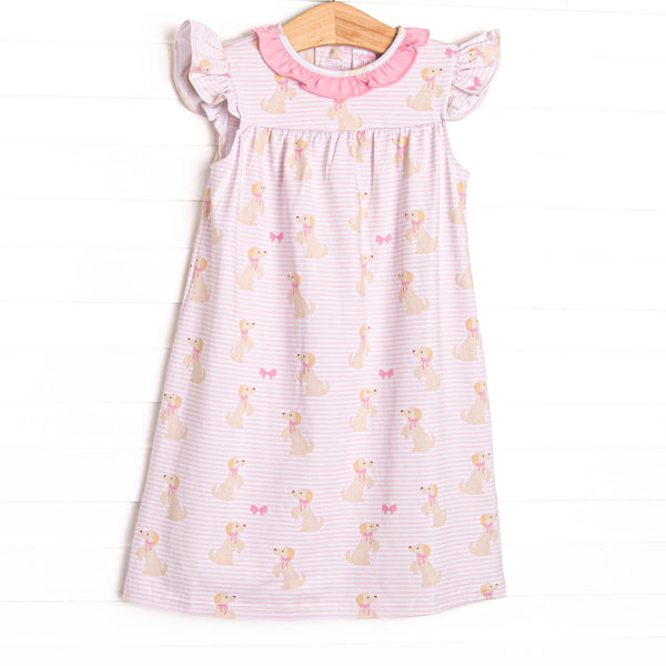  This bubble features a dog printed pink knit fabric, a hot pink ruffle collar, and flutter sleeves. 