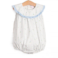 This bubble features blue floral and striped print, a blue ruffle edged bib collar, and snaps on the stride.