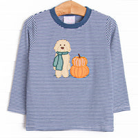 This top features a navy striped print, the softest knit material, and a puppy and pumpkin applique