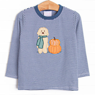 This top features a navy striped print, the softest knit material, and a puppy and pumpkin applique