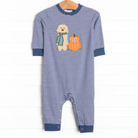This romper features a navy striped print, snaps on the stride, and a puppy and pumpkin applique.
